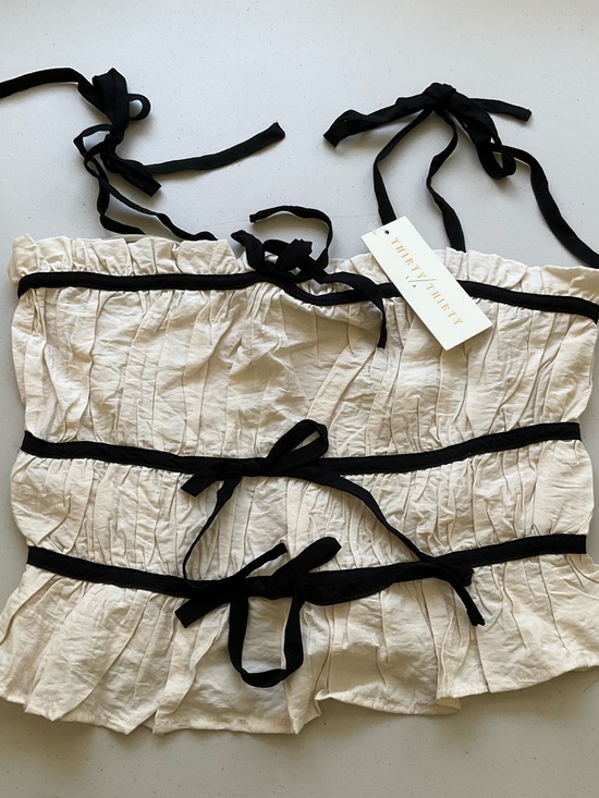 Thirty Thirty Tops - THIRTY/THIRTY LA Beige Black Cotton Crinkle Ruffle Tie Strap Cropped Blouse M